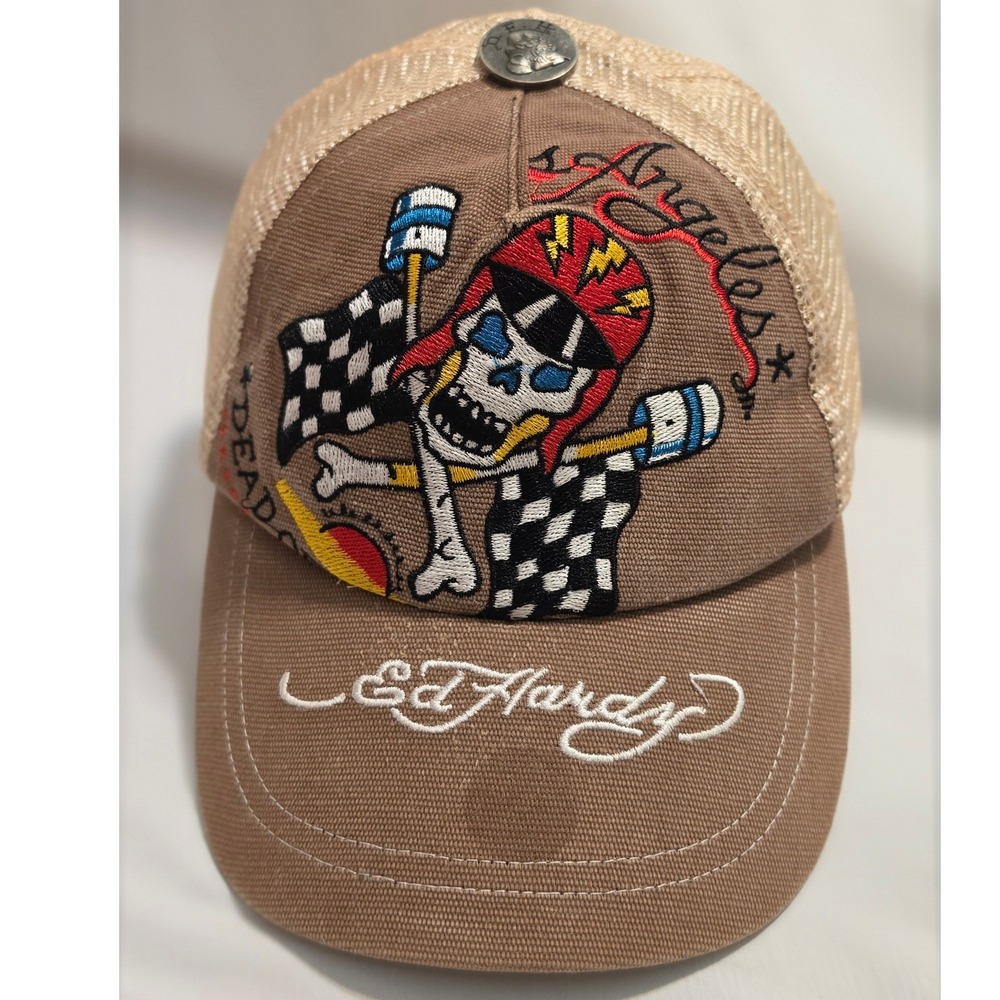 Ed Hardy Mens Skull Racing Helmet Trucker Hat Brown Tan Snapback Los Angeles